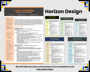 Horizon Design resume template with multiple colour variations.