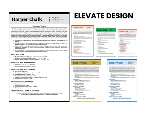 Elevate Design resume template with multiple colour variations.