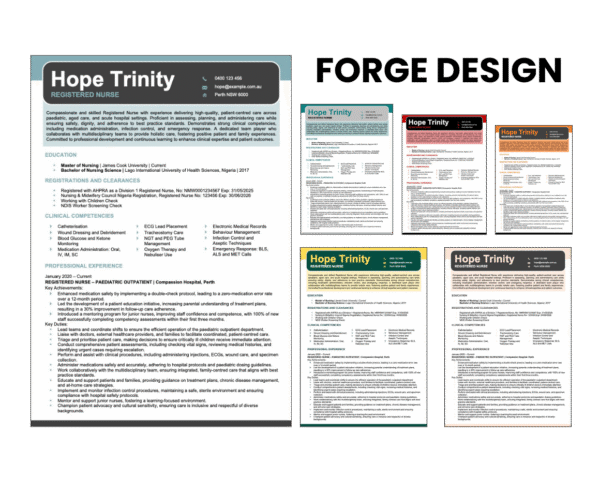 Forge Design resume template with multiple colour variations.