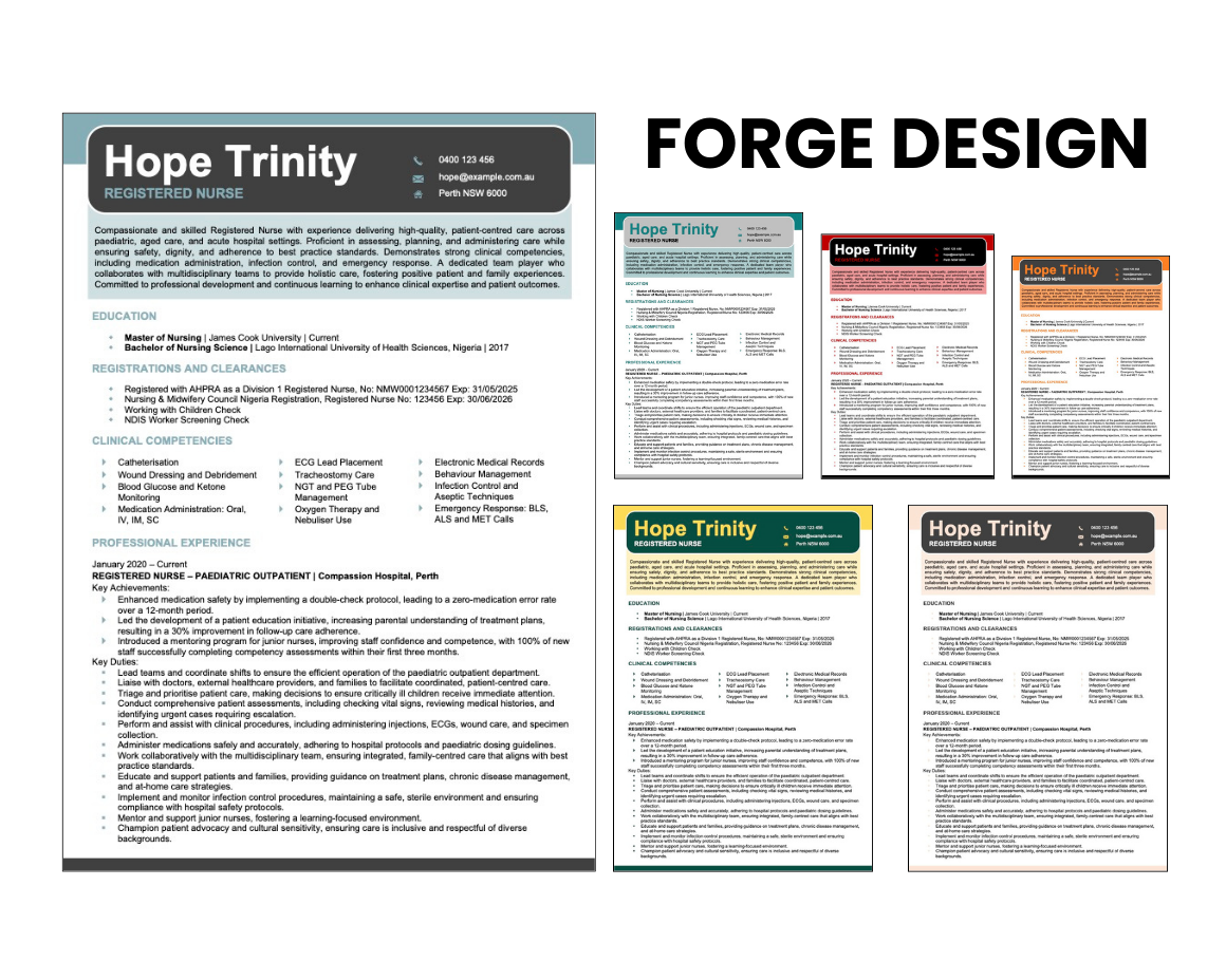 Forge Design resume template with multiple colour variations.