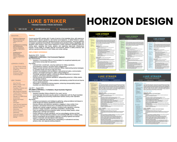 Horizon Design resume template with multiple colour variations.