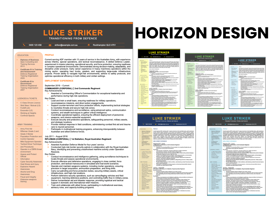Horizon Design resume template with multiple colour variations.