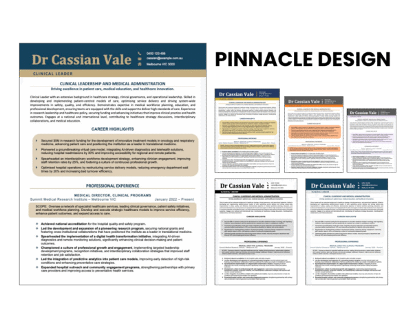 Pinnacle Design resume template with multiple colour variations.