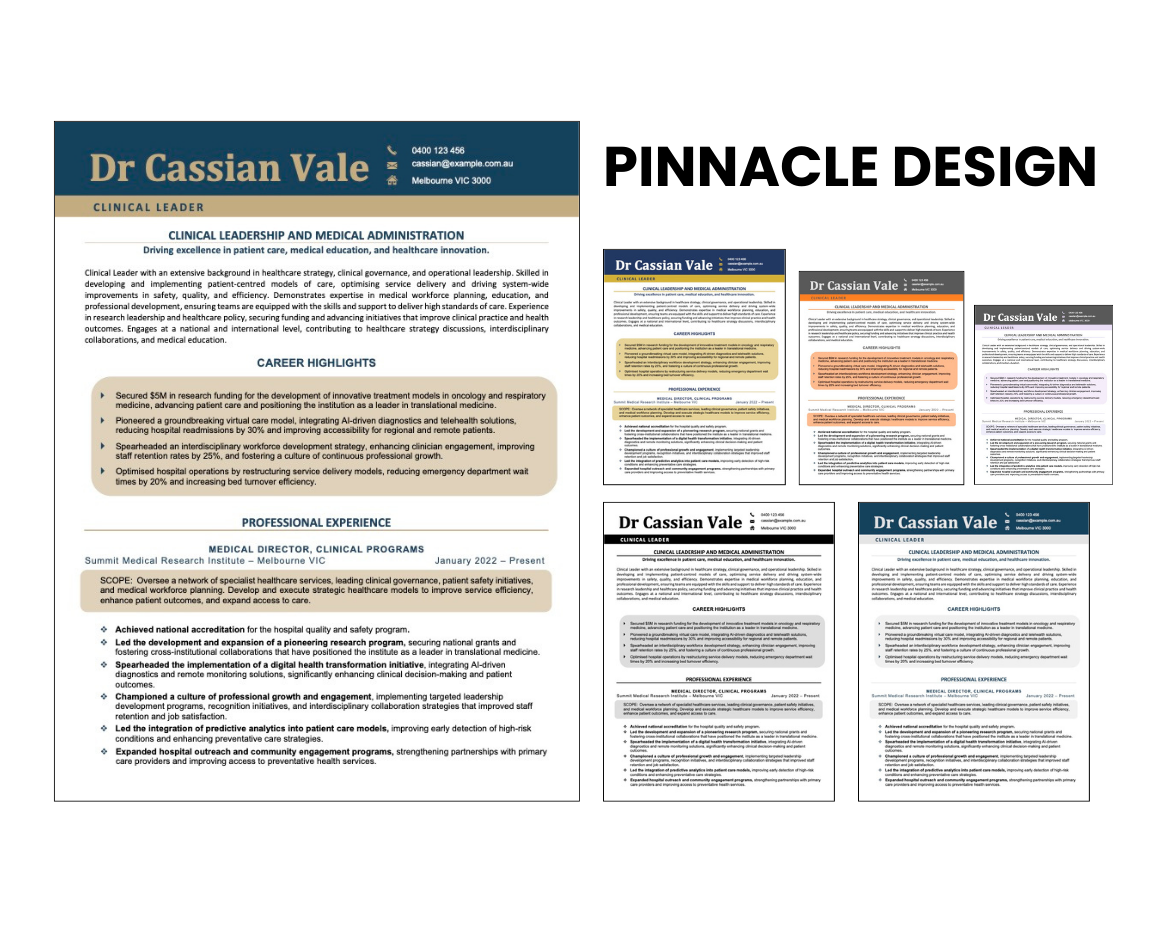 Pinnacle Design resume template with multiple colour variations.