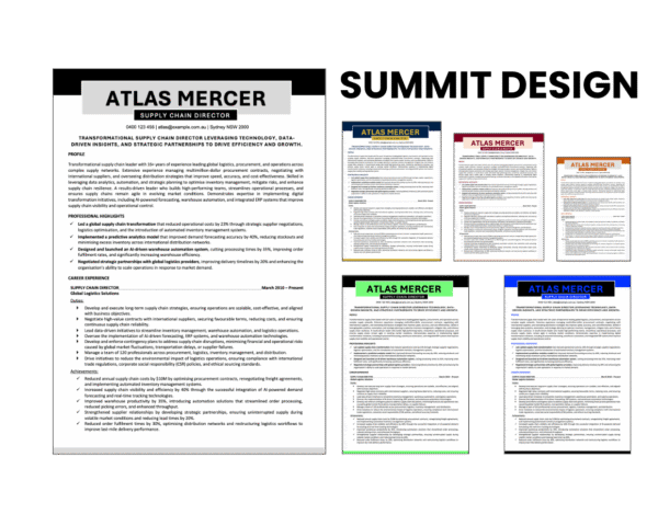Summit Design resume template with multiple colour variations.