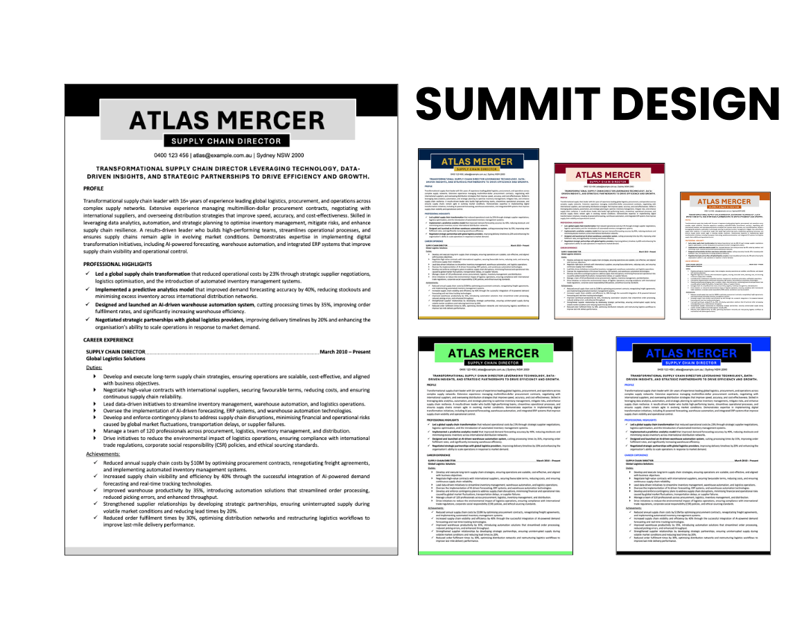 Summit Design resume template with multiple colour variations.