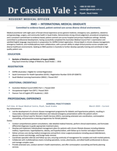 Example medical CV for an international medical graduate (IMG) applying for an RMO position in Australia — written by Perth Resumes R Us