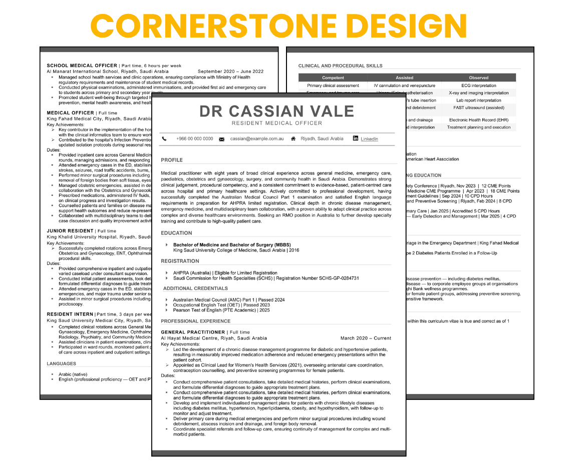 Medical CV Design - Cornerstone | Perth Resumes R Us