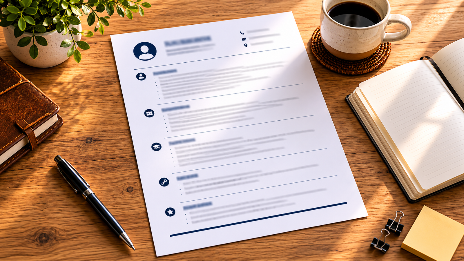 A flat-lay desk scene with a printed resume, notebook and coffee — Perth resume writers helping clients find their voice