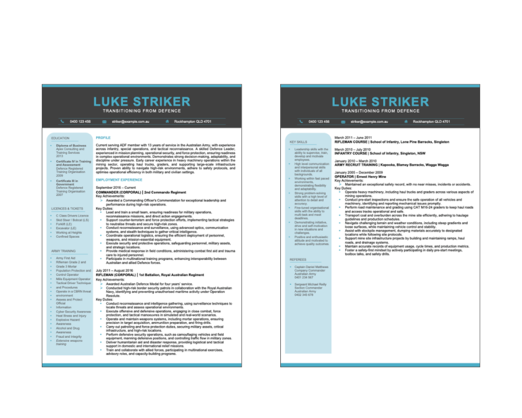 Perth ADF resume writers — two page Defence resume template example for Defence-to-civilian resumes