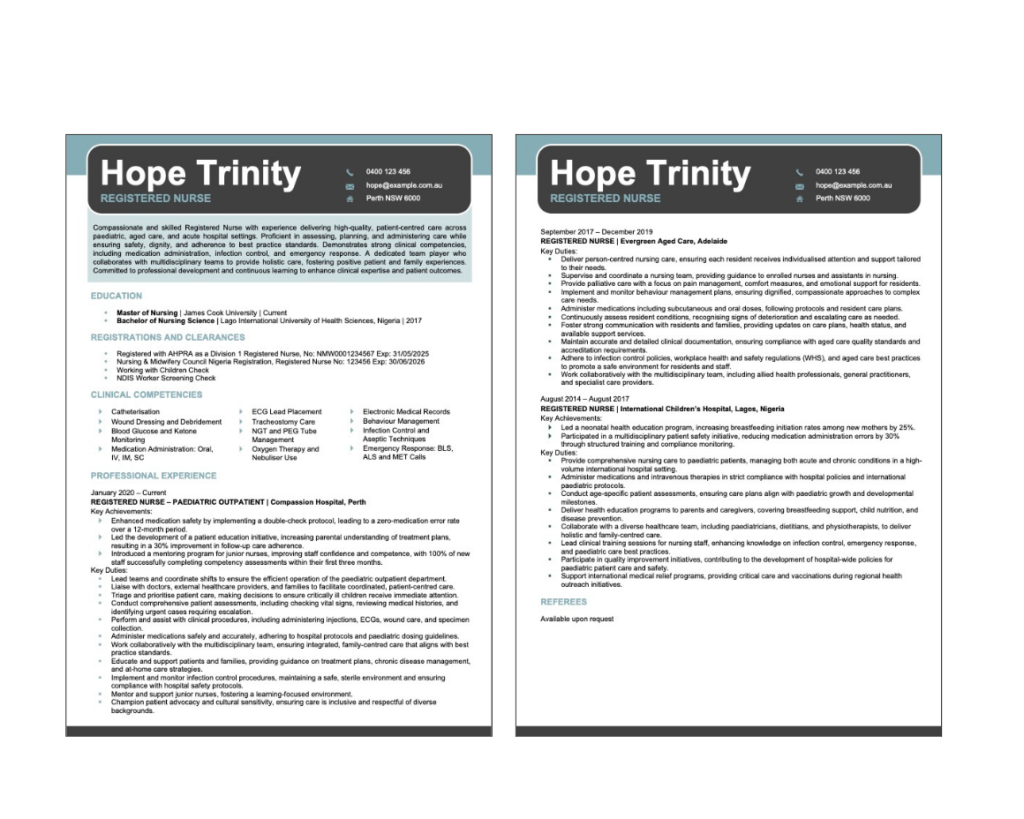 Nursing selection criteria writers Perth — two page nursing resume template example by Perth Resumes R Us