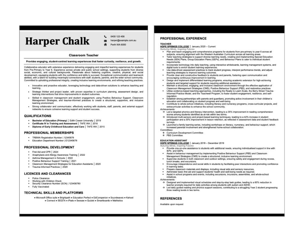 Perth teacher resume writers — two page teacher resume template example by Perth Resumes R Us