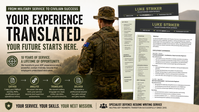 ADF resume example showing a military service record beside a polished civilian resume on a desk