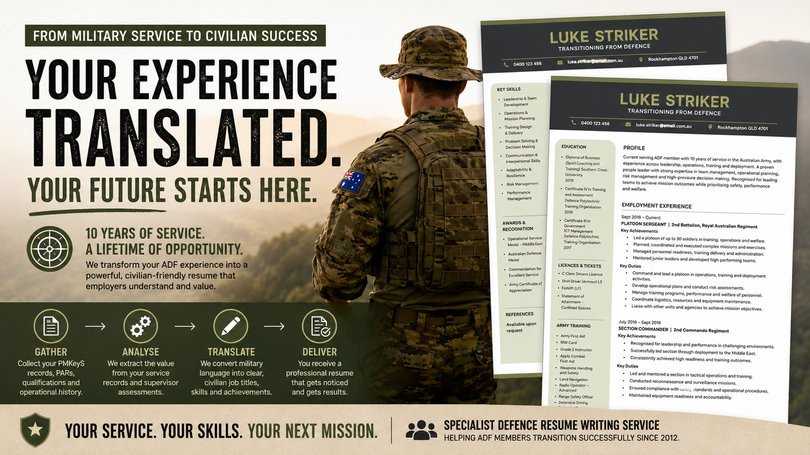 ADF resume example showing a military service record beside a polished civilian resume on a desk